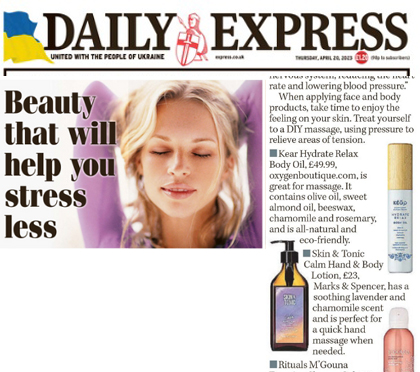 Daily Express features Kear Body Oil in anti-stress beauty products